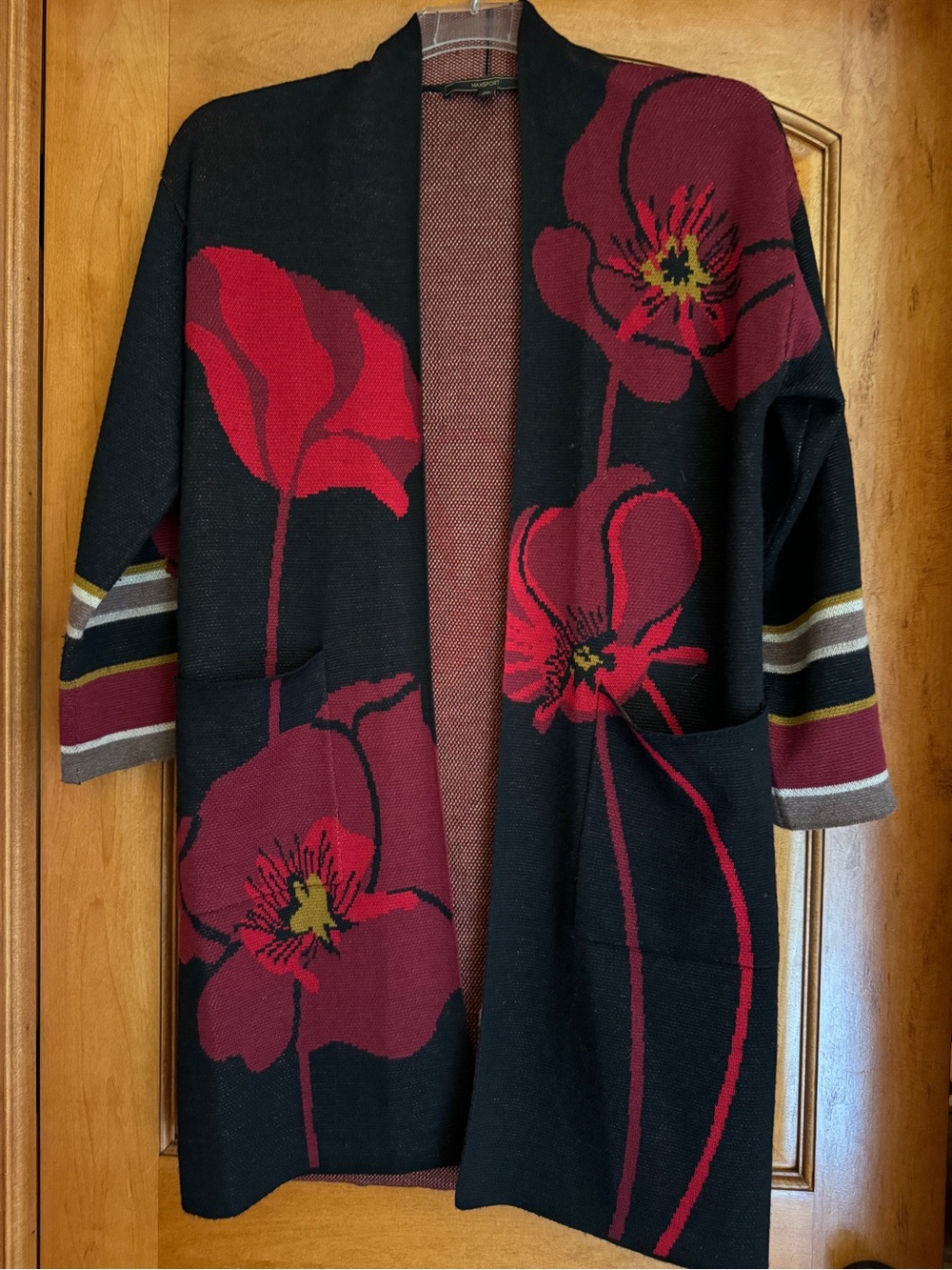 Open-Front Floral Knit Cardigan — Black & Red Floral